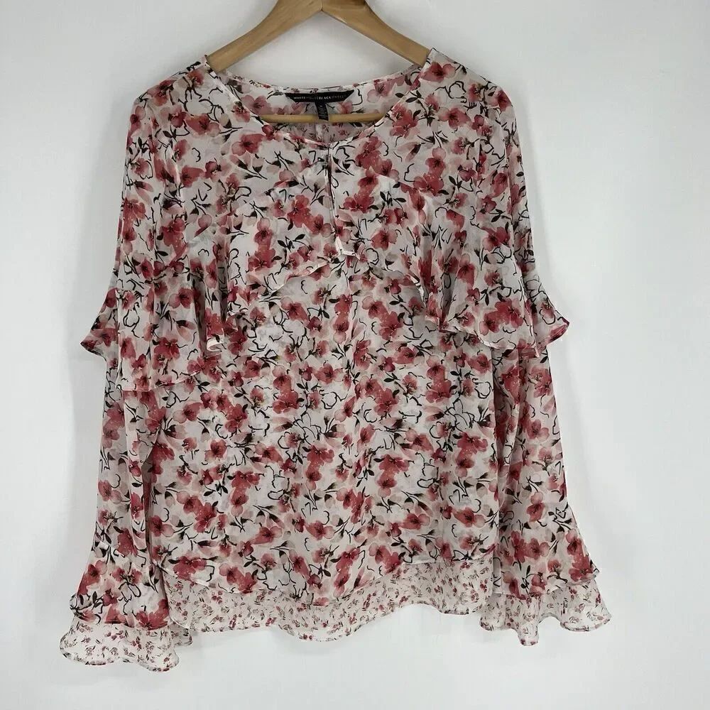 WHBM White House Black Market Top Size 8 Pink Flare Sleeve Blouse Floral Ruffle